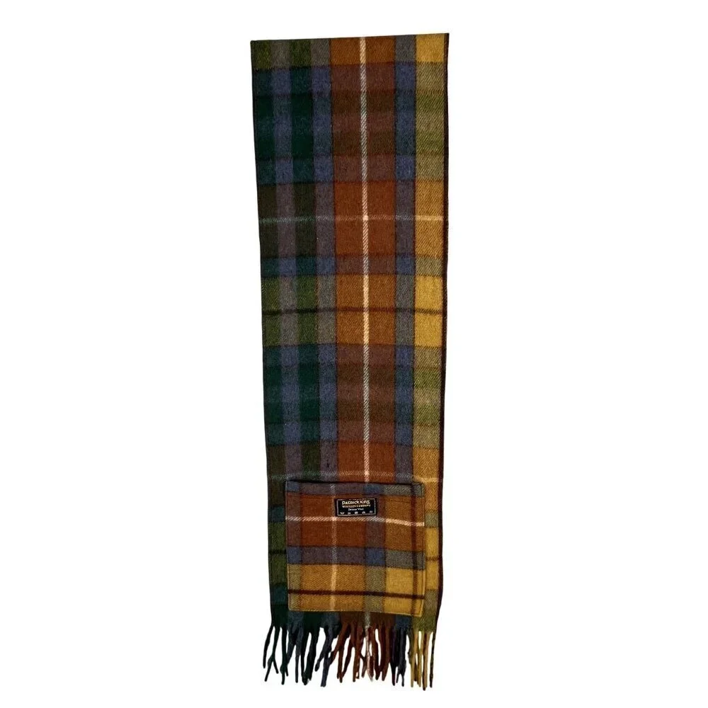 Patrick King Woollen Co. Deluxe Wool Tartan Plaid Scarf Pockets Fringe Preppy